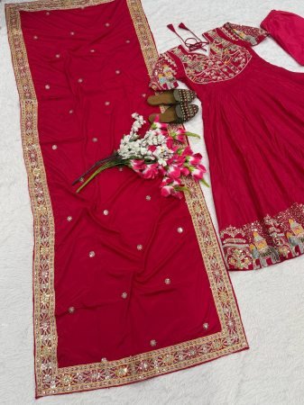 Heavy Red  Crepe Silk Embroidered Anarkali Suit Set