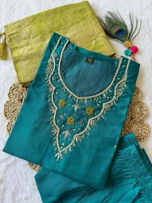 Heavy Roman Silk Hand Work Rama Kurti Pant Dupatta Set