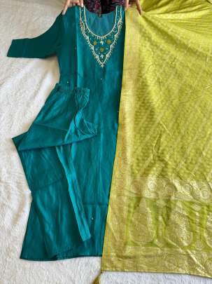 Heavy Roman Silk Hand Work Rama Kurti Pant Dupatta Set