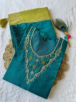 Heavy Roman Silk Hand Work Rama Kurti Pant Dupatta Set
