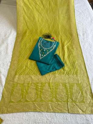 Heavy Roman Silk Hand Work Rama Kurti Pant Dupatta Set