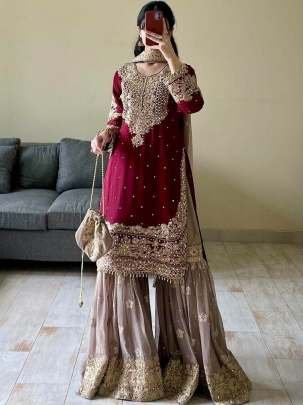 Heavy Sequence Work Red Sharara Suit