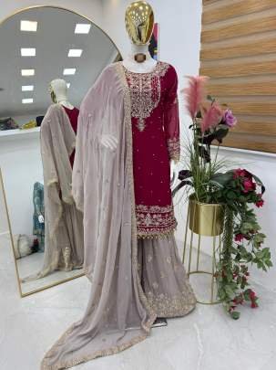 Heavy Sequence Work Red Sharara Suit