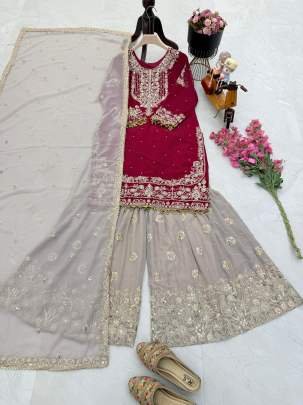 Heavy Sequence Work Red Sharara Suit