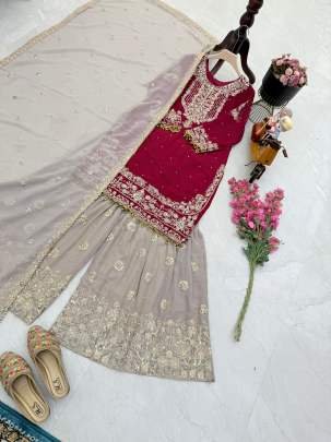 Heavy Sequence Work Red Sharara Suit