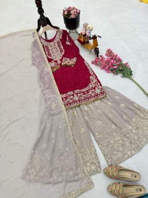 Heavy Sequence Work Red Sharara Suit