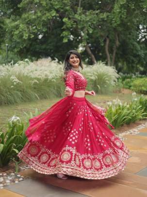 Heavy Sequins Work Rangoli Silk Pink Lehenga Choli