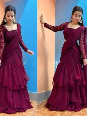Heavy Sequins Work Wine Colour Lehenga Saree