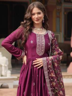 Heavy Sequins Work Wine Gown Dupatta Set