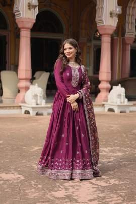 Heavy Sequins Work Wine Gown Dupatta Set
