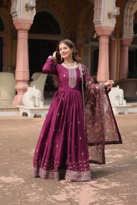 Heavy Sequins Work Wine Gown Dupatta Set
