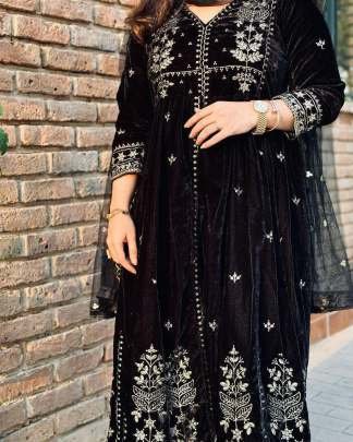 Heavy Velvet Embroidery Work Gown Palazzo Dupatta