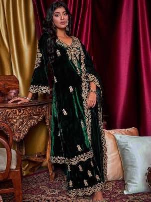 Heavy Velvet Green Kurti Palazzo Dupatta Set