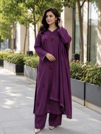 Heavy Wine Rayon Cotton Three Piece Suit With Embroidery Work