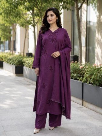 Heavy Wine Rayon Cotton Three Piece Suit With Embroidery Work