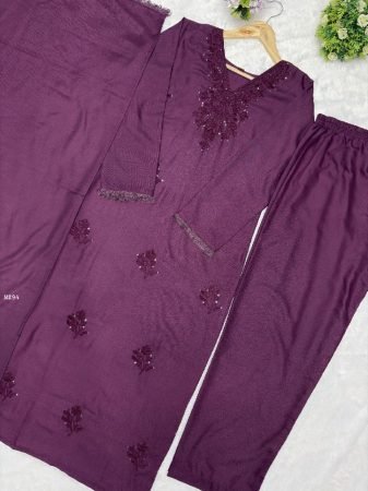 Heavy Wine Rayon Cotton Three Piece Suit With Embroidery Work