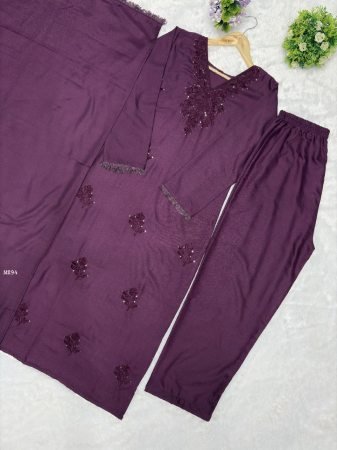 Heavy Wine Rayon Cotton Three Piece Suit With Embroidery Work