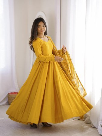Heavy Yellow Roman Silk Anarkali Kurti Set With Embroidered Dupatta