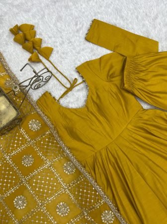Heavy Yellow Roman Silk Anarkali Kurti Set With Embroidered Dupatta