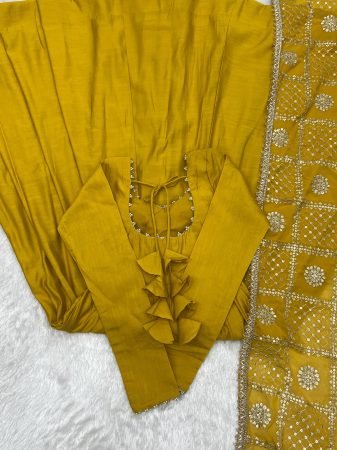Heavy Yellow Roman Silk Anarkali Kurti Set With Embroidered Dupatta