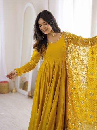Heavy Yellow Roman Silk Anarkali Kurti Set With Embroidered Dupatta