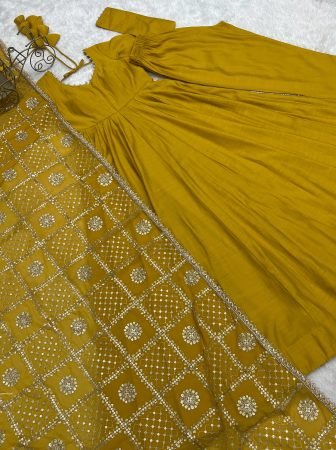 Heavy Yellow Roman Silk Anarkali Kurti Set With Embroidered Dupatta
