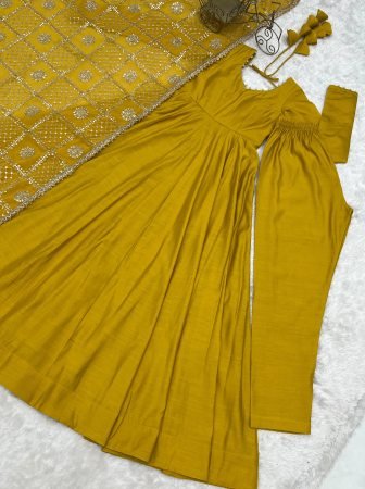 Heavy Yellow Roman Silk Anarkali Kurti Set With Embroidered Dupatta
