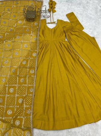 Heavy Yellow Roman Silk Anarkali Kurti Set With Embroidered Dupatta