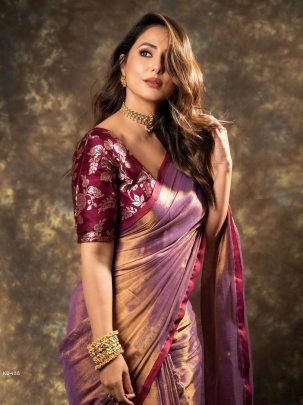 Hina Khan Designer Jimmy Chu Silk Saree with Fancy Lace