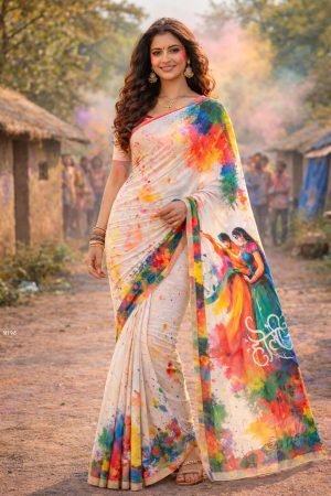 Holi Special Linen Saree With Digital Print Blouse 