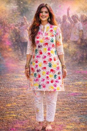 Holi Special White Handprint Kurti for Women