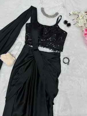 Hot Black Satin Silk Western Saree