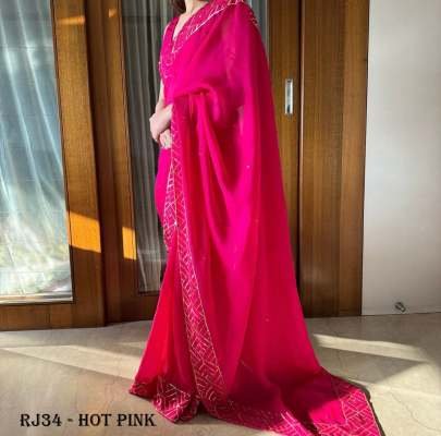 Hot Pink Soft Organza Sequence Work Saree