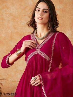 Hot Red Alia Cut Kurti Pant Set With Dupatta