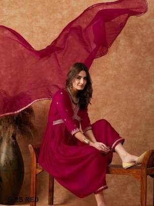 Hot Red Alia Cut Kurti Pant Set With Dupatta