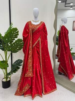 Hot Red Japan Satin Silk Sequence Work Saree With Ready Made Blouse And Dupatta