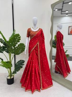 Hot Red Japan Satin Silk Sequence Work Saree With Ready Made Blouse And Dupatta