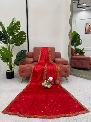 Hot Red Japan Satin Silk Sequence Work Saree With Ready Made Blouse And Dupatta