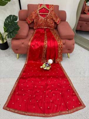 Hot Red Japan Satin Silk Sequence Work Saree With Ready Made Blouse And Dupatta
