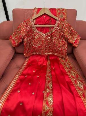 Hot Red Japan Satin Silk Sequence Work Saree With Ready Made Blouse And Dupatta