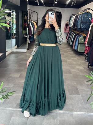 Hunter Green Georgette Gown With Attached Dupatta 
