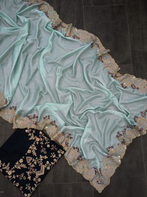 hv 9051 chinon silk embroidery work designer saree collection