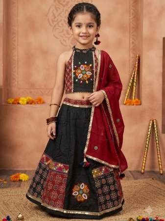 Ikkat Print Black Colour Kids Navratri Lehenga