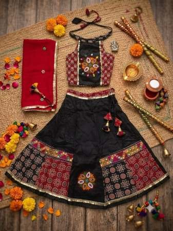Ikkat Print Black Colour Kids Navratri Lehenga