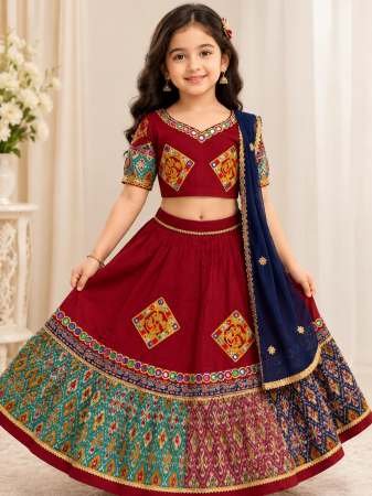Ikkat Print Maroon Colour Kids Navrtari Lehenga