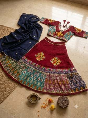Ikkat Print Maroon Colour Kids Navrtari Lehenga