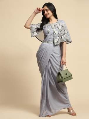 Imported Chiffon Light Grey Saree With Embroidered  Belt