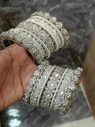 Indian Bridal Silver Pearly White Stone Bangles Set