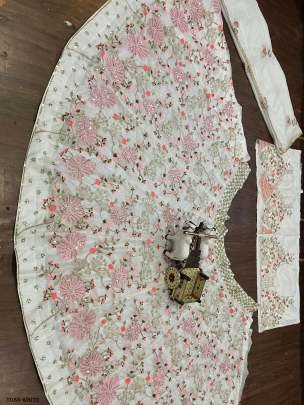 Indian Fashion Tabby Silk Lehenga Choli in White Color