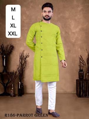Indian Wear Parrot Green Ruby Cotton Men Kurta With Pajama